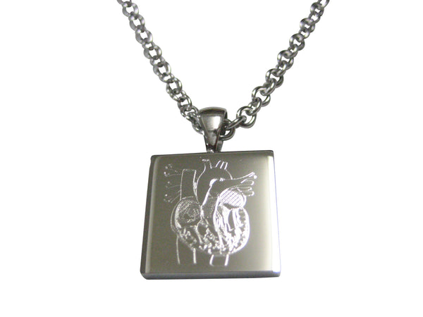 Silver Toned Square Etched Anatomical Heart Pendant Necklace