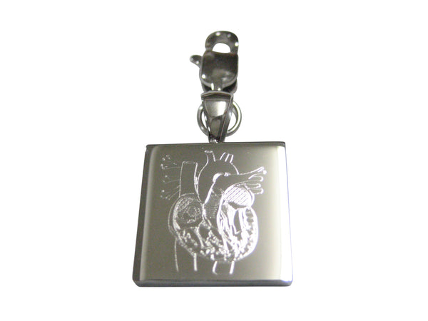 Silver Toned Square Etched Anatomical Heart Pendant Zipper Pull Charm