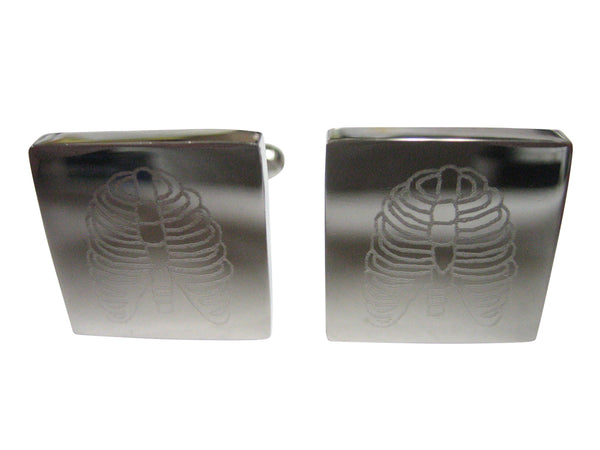 Silver Toned Square Etched Anatomical Rib Cage Cufflinks
