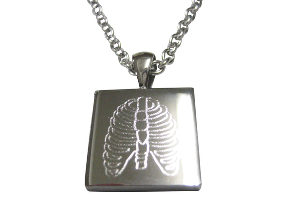 Silver Toned Square Etched Anatomical Rib Cage Pendant Necklace