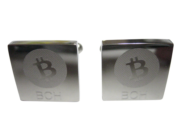 Silver Toned Square Etched Bitcoin Cash Coin Cryptocurrency Blockchain Cufflinks