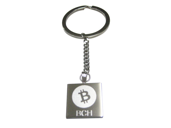 Silver Toned Square Etched Bitcoin Cash Coin Cryptocurrency Blockchain Pendant Keychain