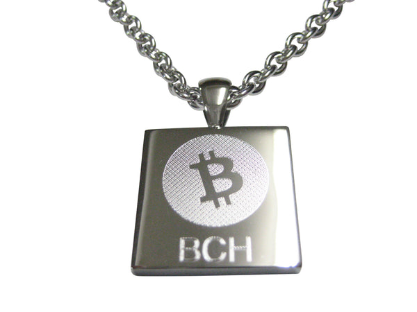 Silver Toned Square Etched Bitcoin Cash Coin Cryptocurrency Blockchain Pendant Necklace