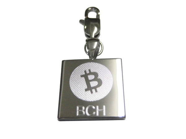 Silver Toned Square Etched Bitcoin Cash Coin Cryptocurrency Blockchain Pendant Zipper Pull Charm