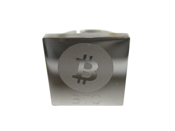Silver Toned Square Etched Bitcoin Coin Cryptocurrency Blockchain Adjustable Size Fashion Ring
