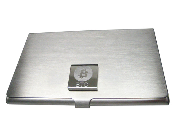 Silver Toned Square Etched Bitcoin Coin Cryptocurrency Blockchain Business Card Holder