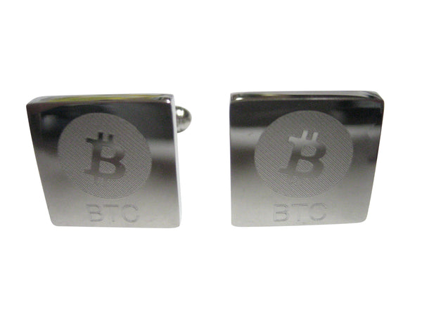 Silver Toned Square Etched Bitcoin Coin Cryptocurrency Blockchain Cufflinks