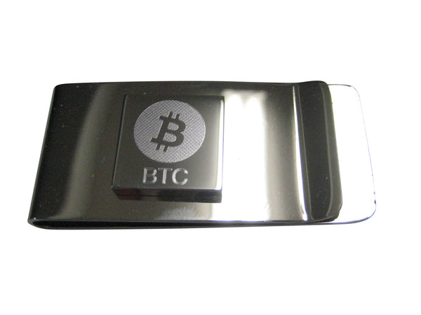 Silver Toned Square Etched Bitcoin Coin Cryptocurrency Blockchain Money Clip