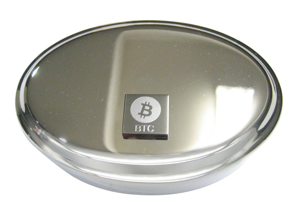 Silver Toned Square Etched Bitcoin Coin Cryptocurrency Blockchain Oval Trinket Jewelry Box