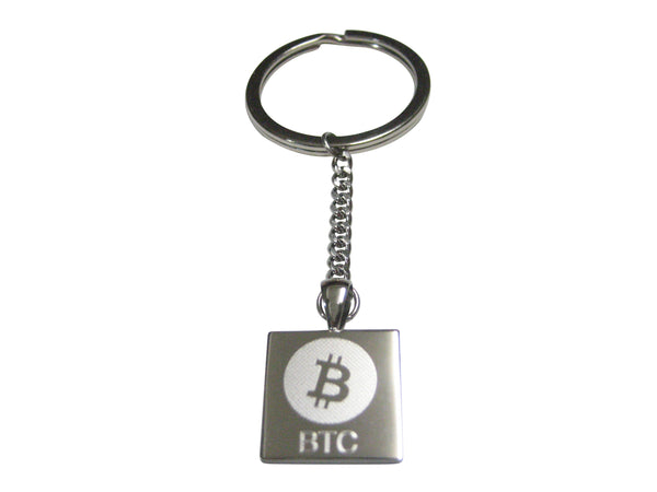 Silver Toned Square Etched Bitcoin Coin Cryptocurrency Blockchain Pendant Keychain