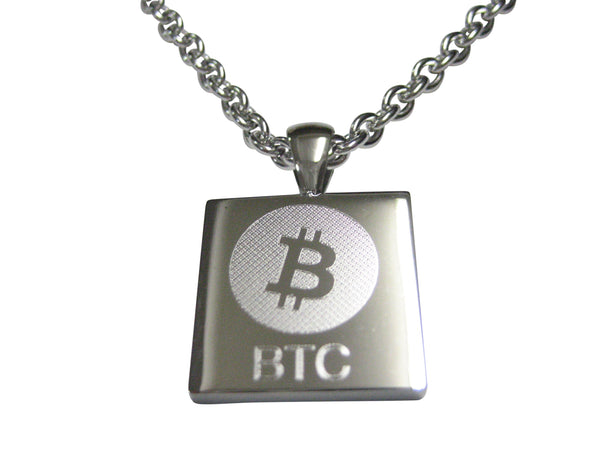 Silver Toned Square Etched Bitcoin Coin Cryptocurrency Blockchain Pendant Necklace