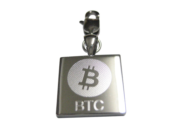 Silver Toned Square Etched Bitcoin Coin Cryptocurrency Blockchain Pendant Zipper Pull Charm