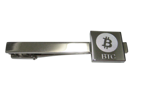 Silver Toned Square Etched Bitcoin Coin Cryptocurrency Blockchain Tie Clip