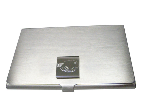 Silver Toned Square Etched Blowfish Fugu Puffer Fish Business Card Holder