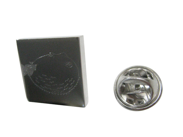 Silver Toned Square Etched Blowfish Fugu Puffer Fish Lapel Pin