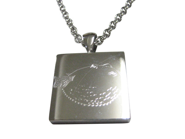 Silver Toned Square Etched Blowfish Fugu Puffer Fish Pendant Necklace
