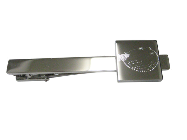Silver Toned Square Etched Blowfish Fugu Puffer Fish Tie Clip