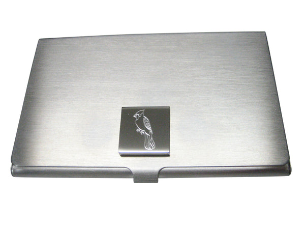 Silver Toned Square Etched Blue Jay Bird Business Card Holder