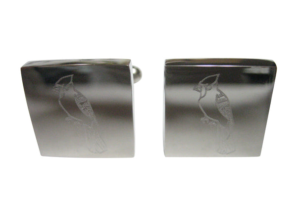 Silver Toned Square Etched Blue Jay Bird Cufflinks