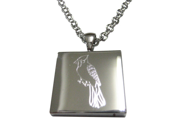 Silver Toned Square Etched Blue Jay Bird Pendant Necklace
