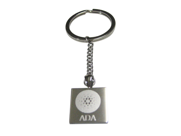 Silver Toned Square Etched Cardano Coin Cryptocurrency Blockchain Pendant Keychain