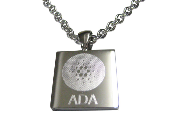 Silver Toned Square Etched Cardano Coin Cryptocurrency Blockchain Pendant Necklace
