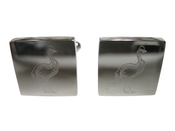 Silver Toned Square Etched Cassowary Bird Cufflinks