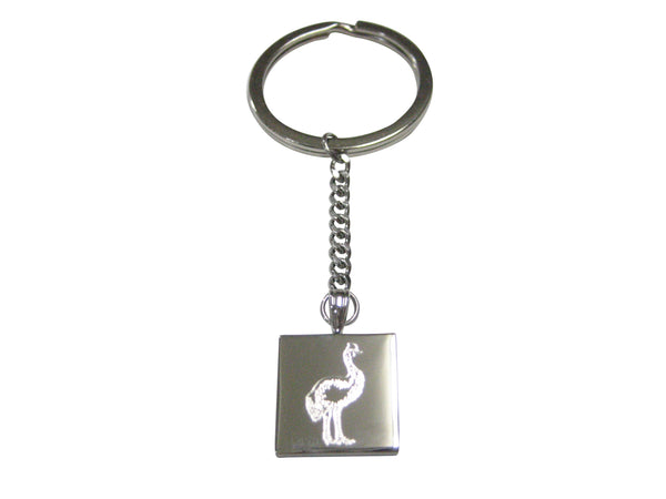 Silver Toned Square Etched Cassowary Bird Pendant Keychain