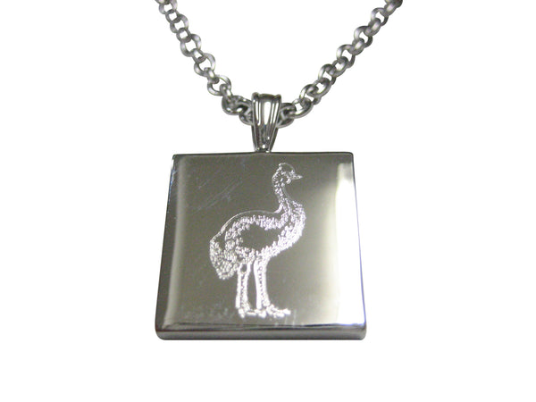 Silver Toned Square Etched Cassowary Bird Pendant Necklace