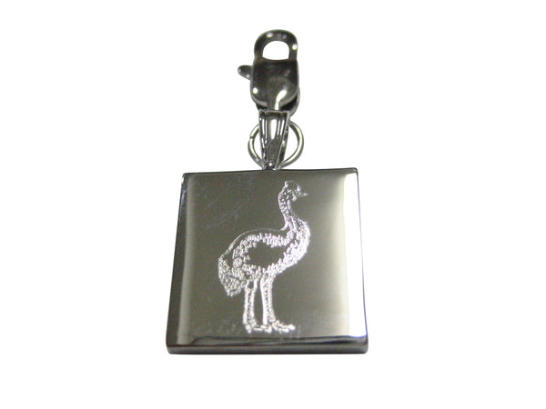 Silver Toned Square Etched Cassowary Bird Pendant Zipper Pull Charm