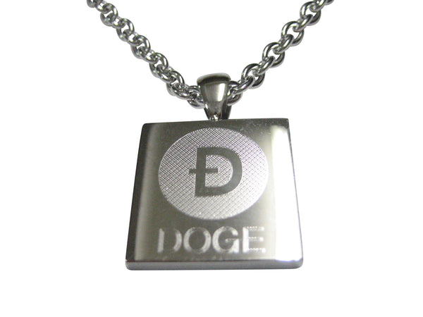Silver Toned Square Etched Doge Coin Cryptocurrency Blockchain Pendant Necklace
