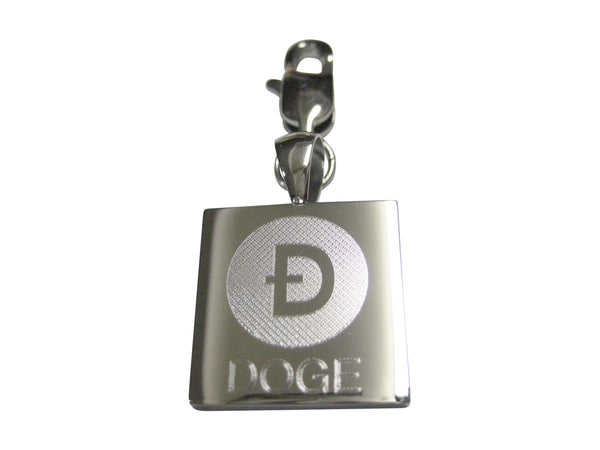 Silver Toned Square Etched Doge Coin Cryptocurrency Blockchain Pendant Zipper Pull Charm