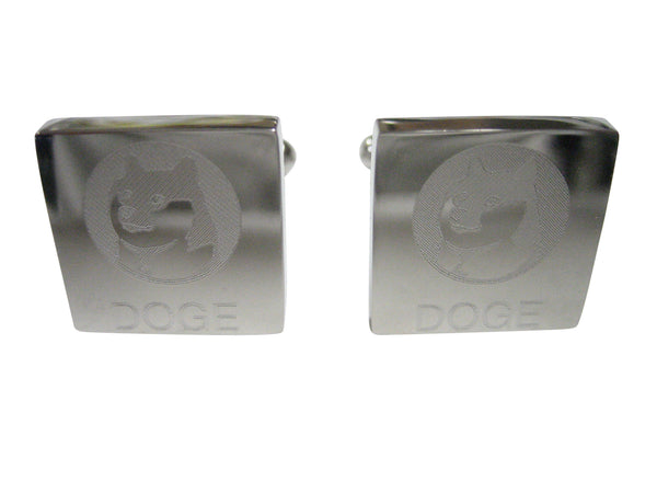 Silver Toned Square Etched Doge Coin Cryptocurrency Blockchain With Shiba Dog Cufflinks