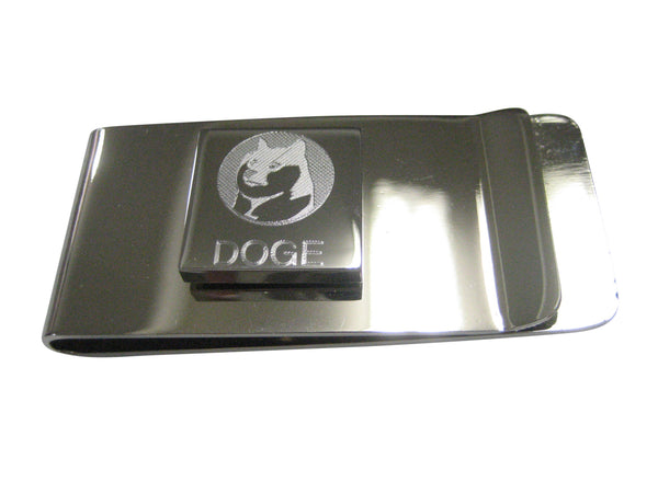 Silver Toned Square Etched Doge Coin Cryptocurrency Blockchain With Shiba Dog Money Clip