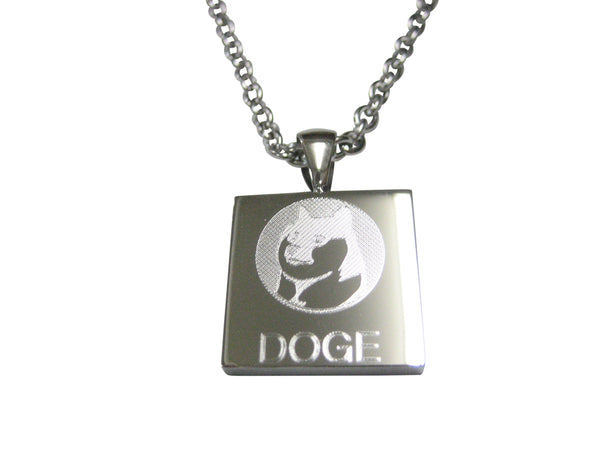 Silver Toned Square Etched Doge Coin Cryptocurrency Blockchain With Shiba Dog Pendant Necklace