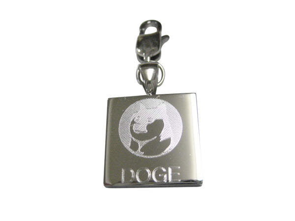 Silver Toned Square Etched Doge Coin Cryptocurrency Blockchain With Shiba Dog Pendant Zipper Pull Charm
