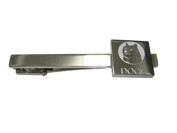 Silver Toned Square Etched Doge Coin Cryptocurrency Blockchain With Shiba Dog Tie Clip