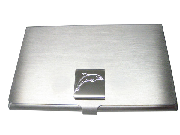 Silver Toned Square Etched Dolphin Business Card Holder