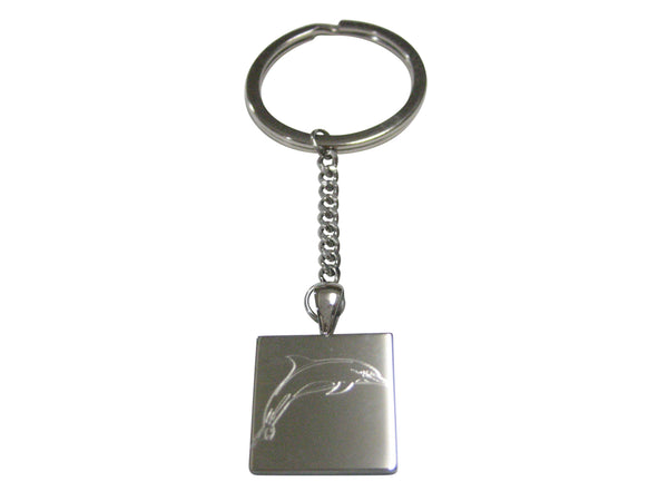 Silver Toned Square Etched Dolphin Pendant Keychain