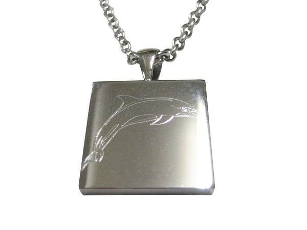 Silver Toned Square Etched Dolphin Pendant Necklace
