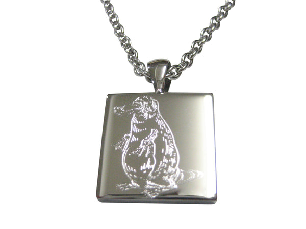 Silver Toned Square Etched Duck Billed Platypus Pendant Necklace