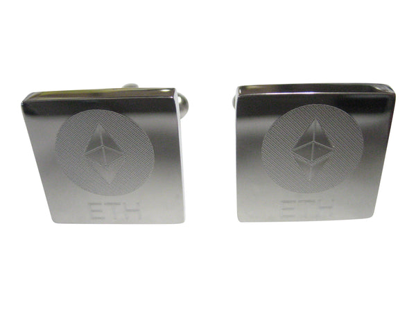 Silver Toned Square Etched Ethereum Coin Cryptocurrency Blockchain Cufflinks