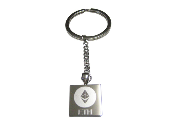 Silver Toned Square Etched Ethereum Coin Cryptocurrency Blockchain Pendant Keychain