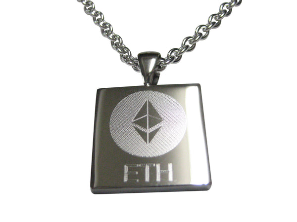 Silver Toned Square Etched Ethereum Coin Cryptocurrency Blockchain Pendant Necklace
