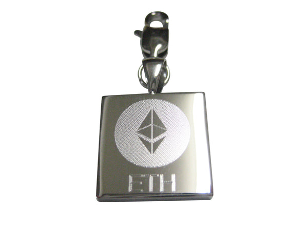 Silver Toned Square Etched Ethereum Coin Cryptocurrency Blockchain Pendant Zipper Pull Charm