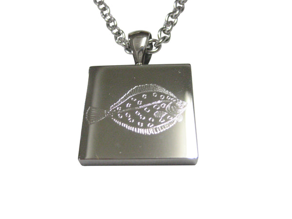 Silver Toned Square Etched Flounder Halibut Flatfish Pendant Necklace