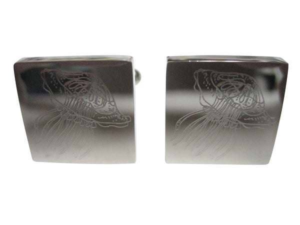 Silver Toned Square Etched Jellyfish Cufflinks