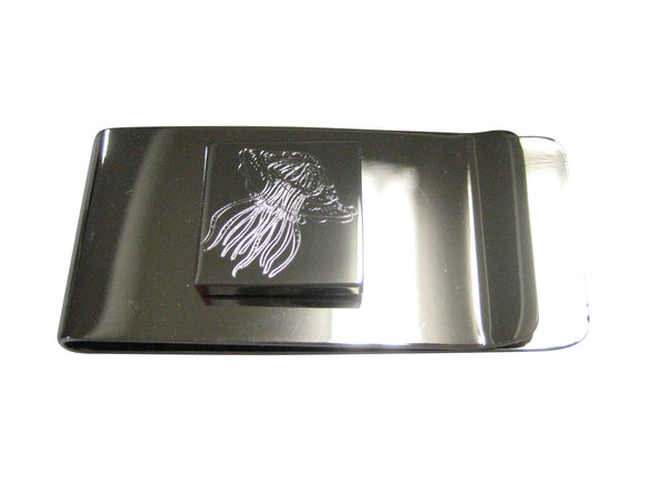 Silver Toned Square Etched Jellyfish Money Clip