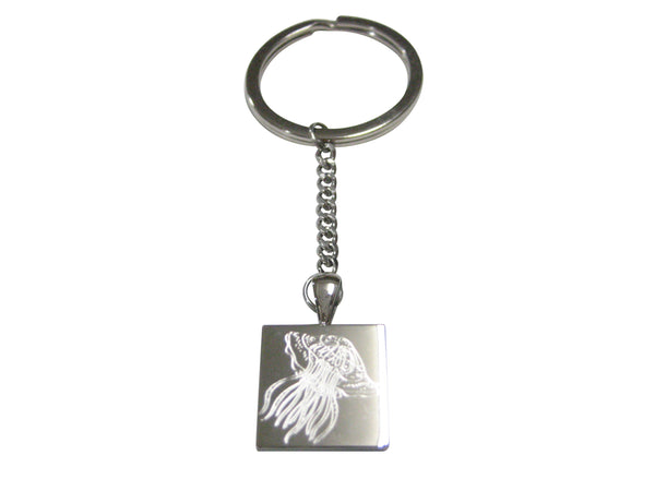 Silver Toned Square Etched Jellyfish Pendant Keychain