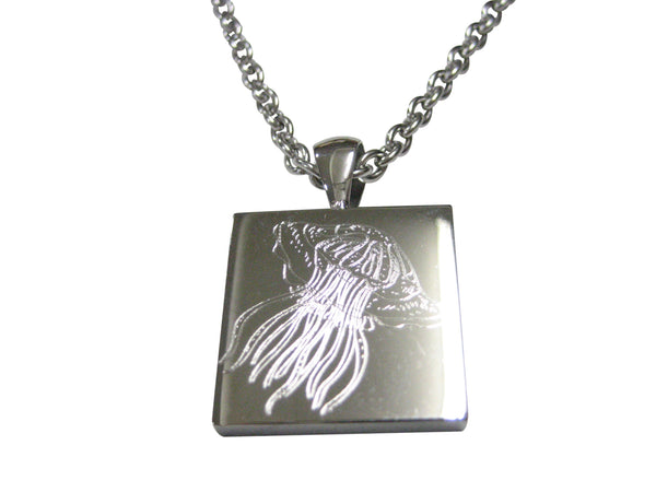 Silver Toned Square Etched Jellyfish Pendant Necklace